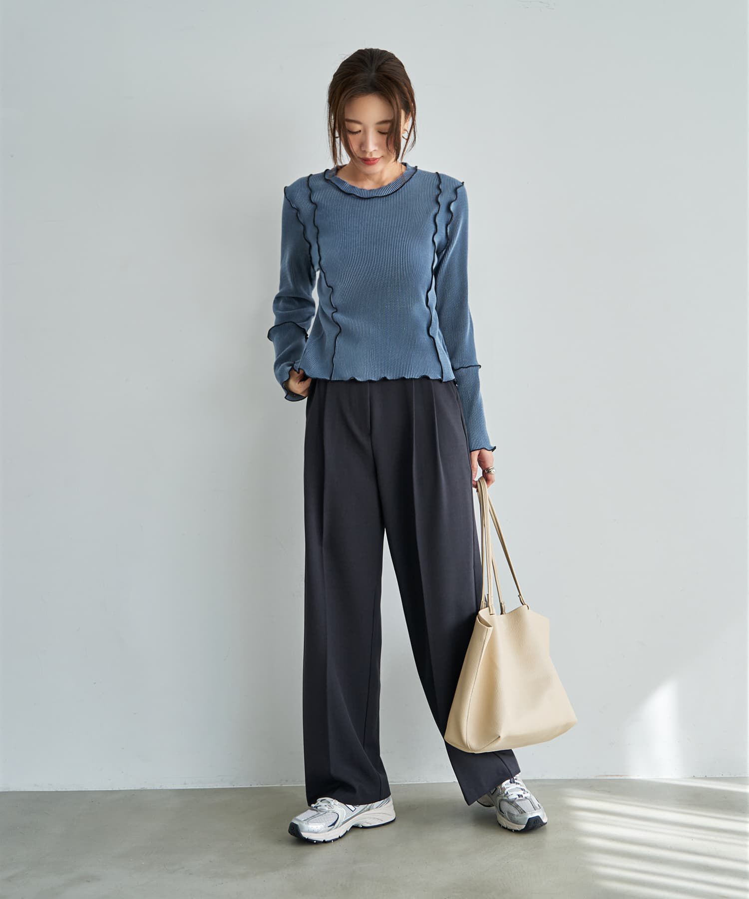 STYLE DELI「メロウリブ◆微光沢プリーツ調ライントップス」|Tシャツ・カットソー|
