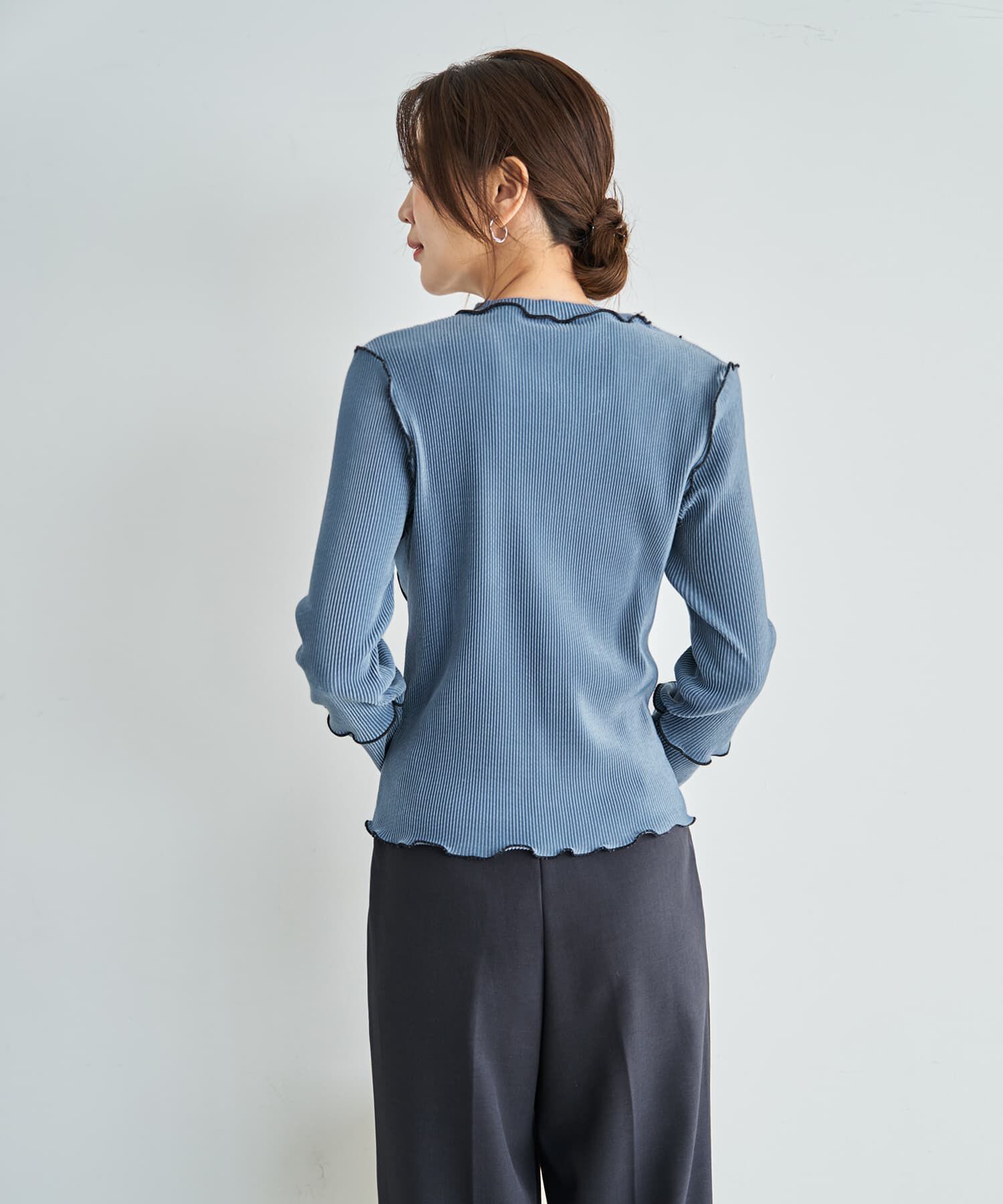 STYLE DELI「メロウリブ◆微光沢プリーツ調ライントップス」|Tシャツ・カットソー|