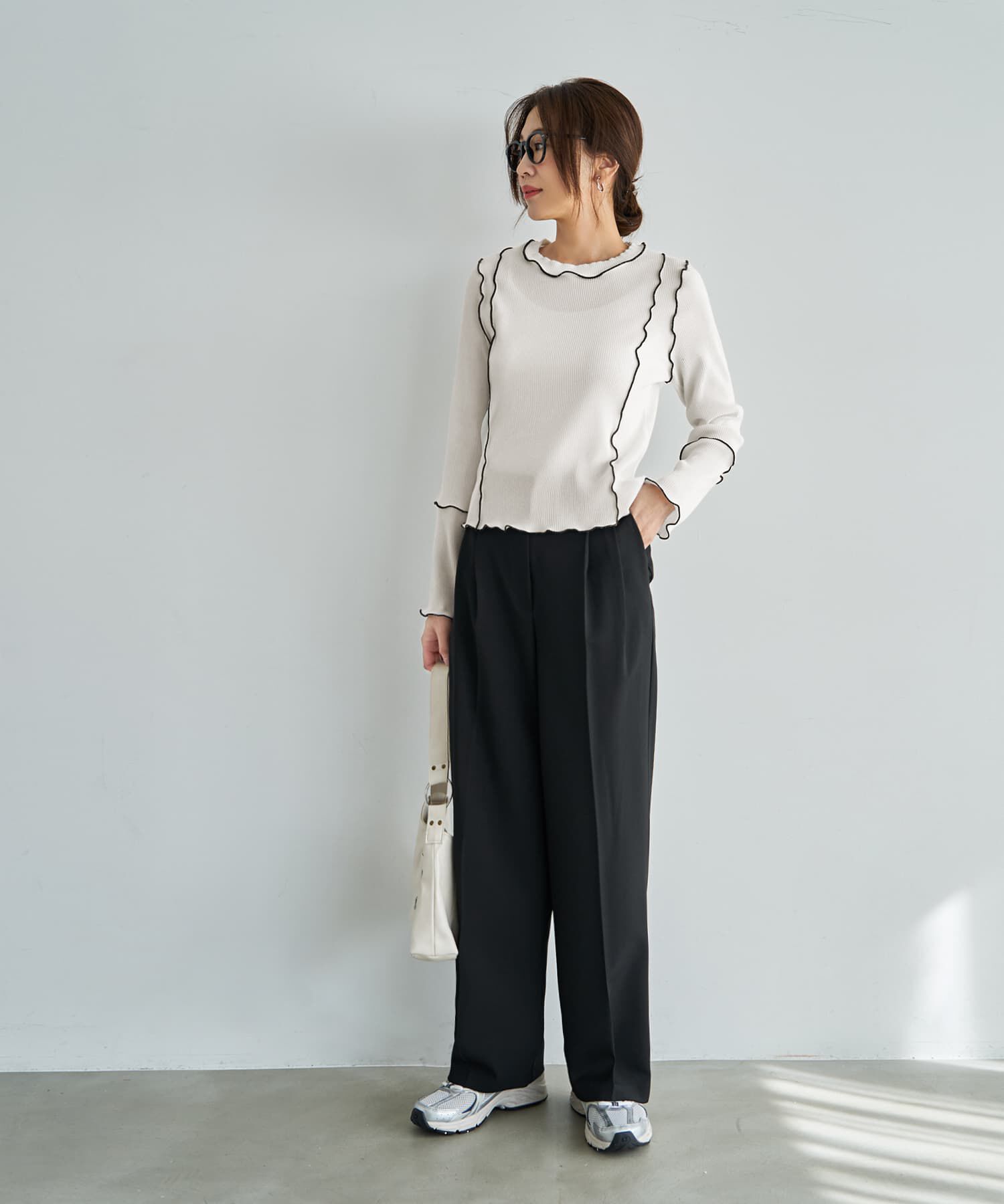 STYLE DELI「メロウリブ◆微光沢プリーツ調ライントップス」|Tシャツ・カットソー|