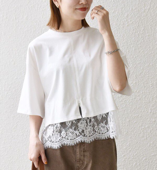 SHIPS any「《一部予約》SHIPS any:〈洗濯機可能〉ジップ レース ヘム ハーフスリーブ TEE」|Tシャツ・カットソー|