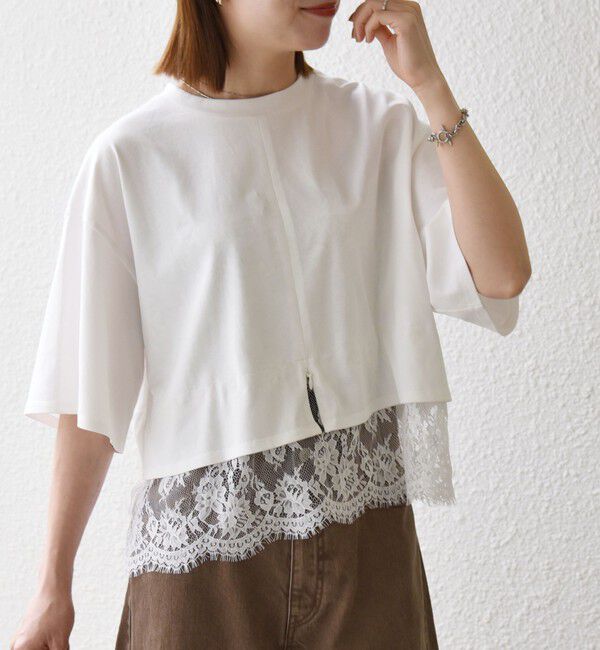 SHIPS any「《一部予約》SHIPS any:〈洗濯機可能〉ジップ レース ヘム ハーフスリーブ TEE」|Tシャツ・カットソー|