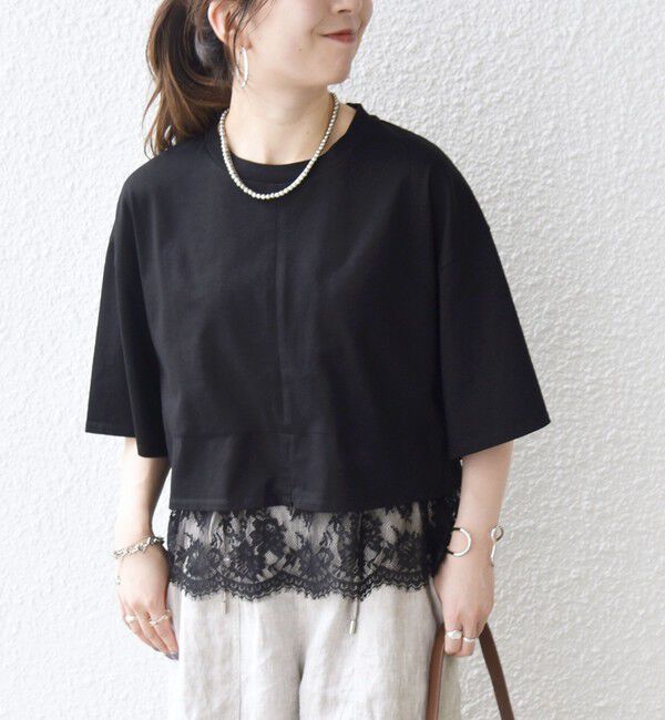 SHIPS any「《一部予約》SHIPS any:〈洗濯機可能〉ジップ レース ヘム ハーフスリーブ TEE」|Tシャツ・カットソー|ブラック系その他