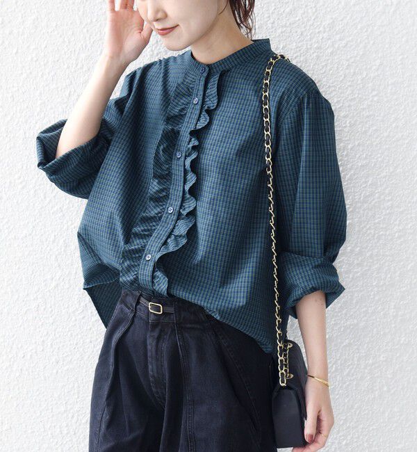 SHIPS for women「《予約》【WEB限定】〈手洗い可能〉チェック フリル ロングスリーブ シャツ（グリーン）」|シャツ・ブラウス|