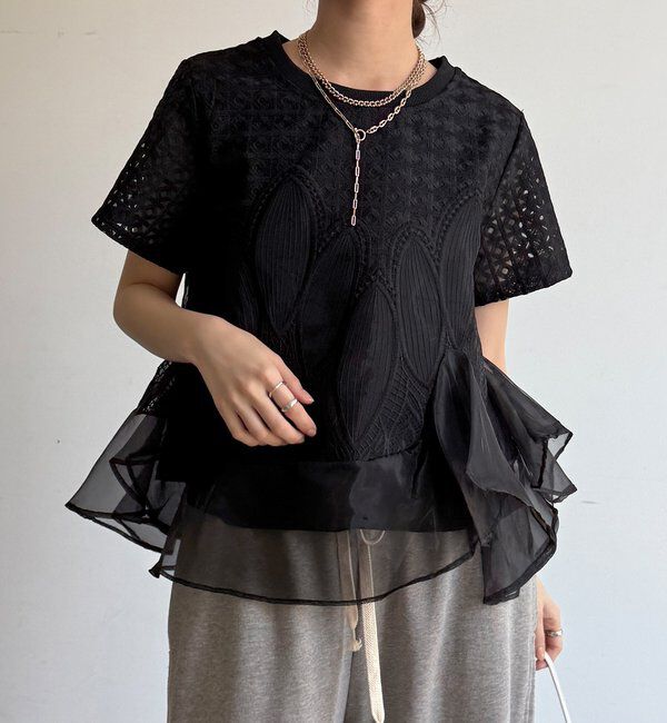  「【WEB限定】レース&times;オーガンジーフリルプルオーバー」|Tシャツ・カットソー|ブラック