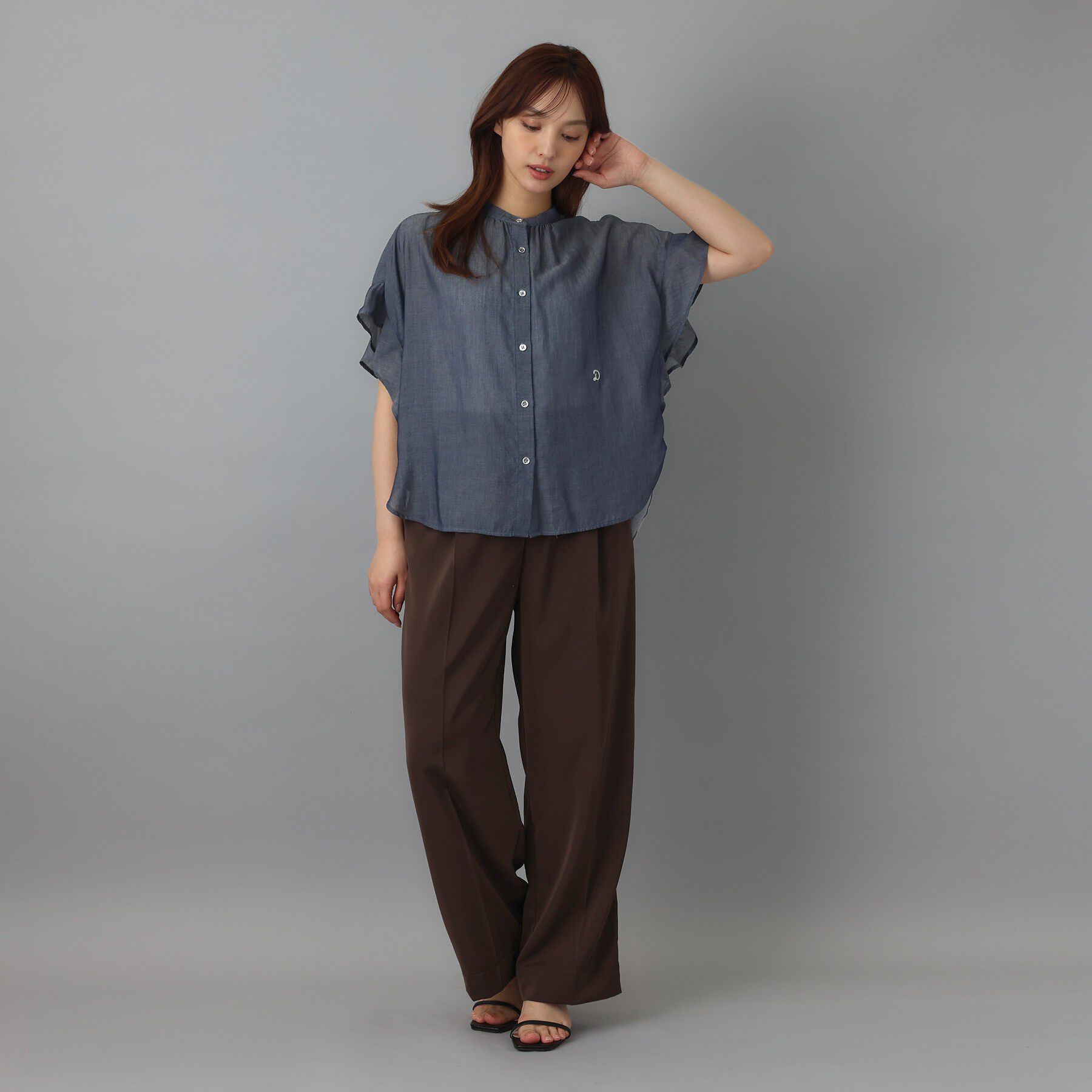DRESSTERIOR「シアーデニム バンドカラーブラウス」|シャツ・ブラウス|