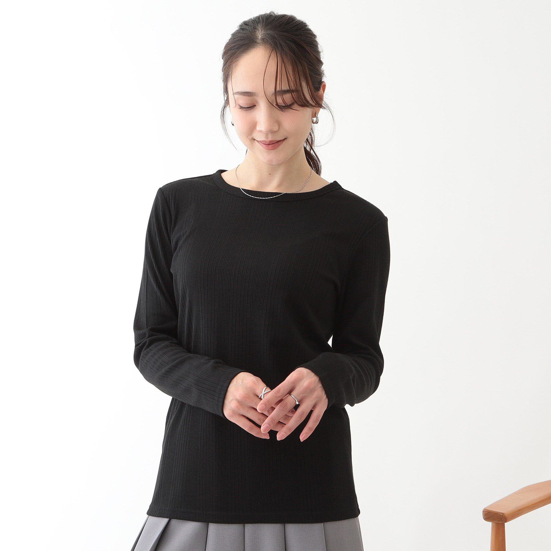 SHOO･LA･RUE「【洗える/S-LL】ベーシックだから着回ししやすい ランダムテレコ リブ長袖トップス」|Tシャツ・カットソー|