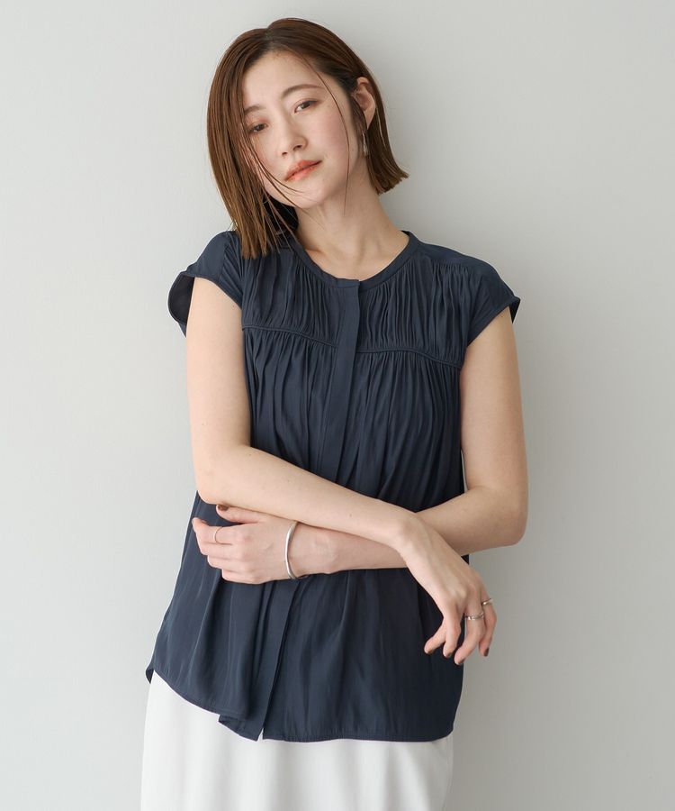 YECCA VECCA「【接触冷感】フレンチスリーブギャザーブラウス」|シャツ・ブラウス|Navy