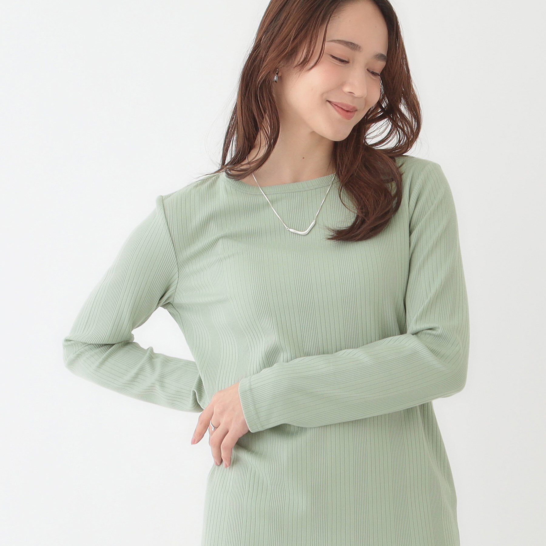SHOO･LA･RUE「【洗える/S-LL】ベーシックだから着回ししやすい ランダムテレコ リブ長袖トップス」|Tシャツ・カットソー|ミントグリーン(02