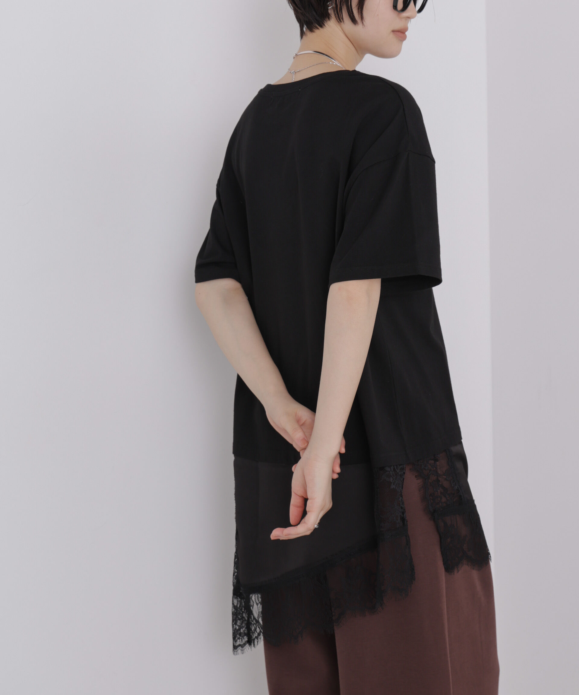NANO universe「アシメレースヘムドッキングカットトップス」|Tシャツ・カットソー|