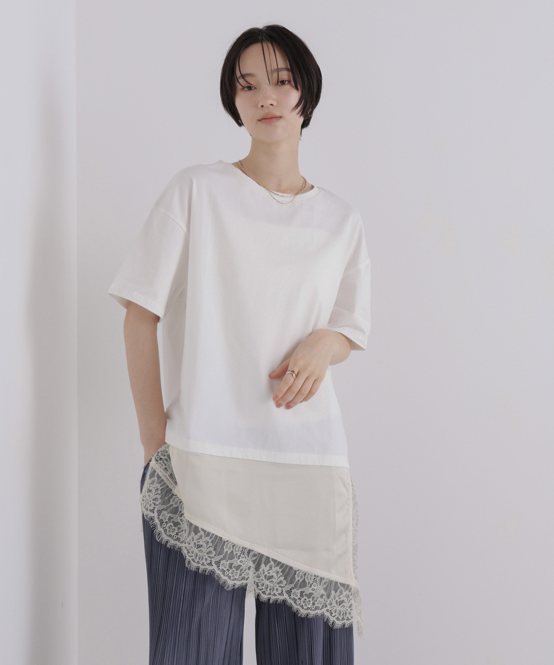 NANO universe「アシメレースヘムドッキングカットトップス」|Tシャツ・カットソー|