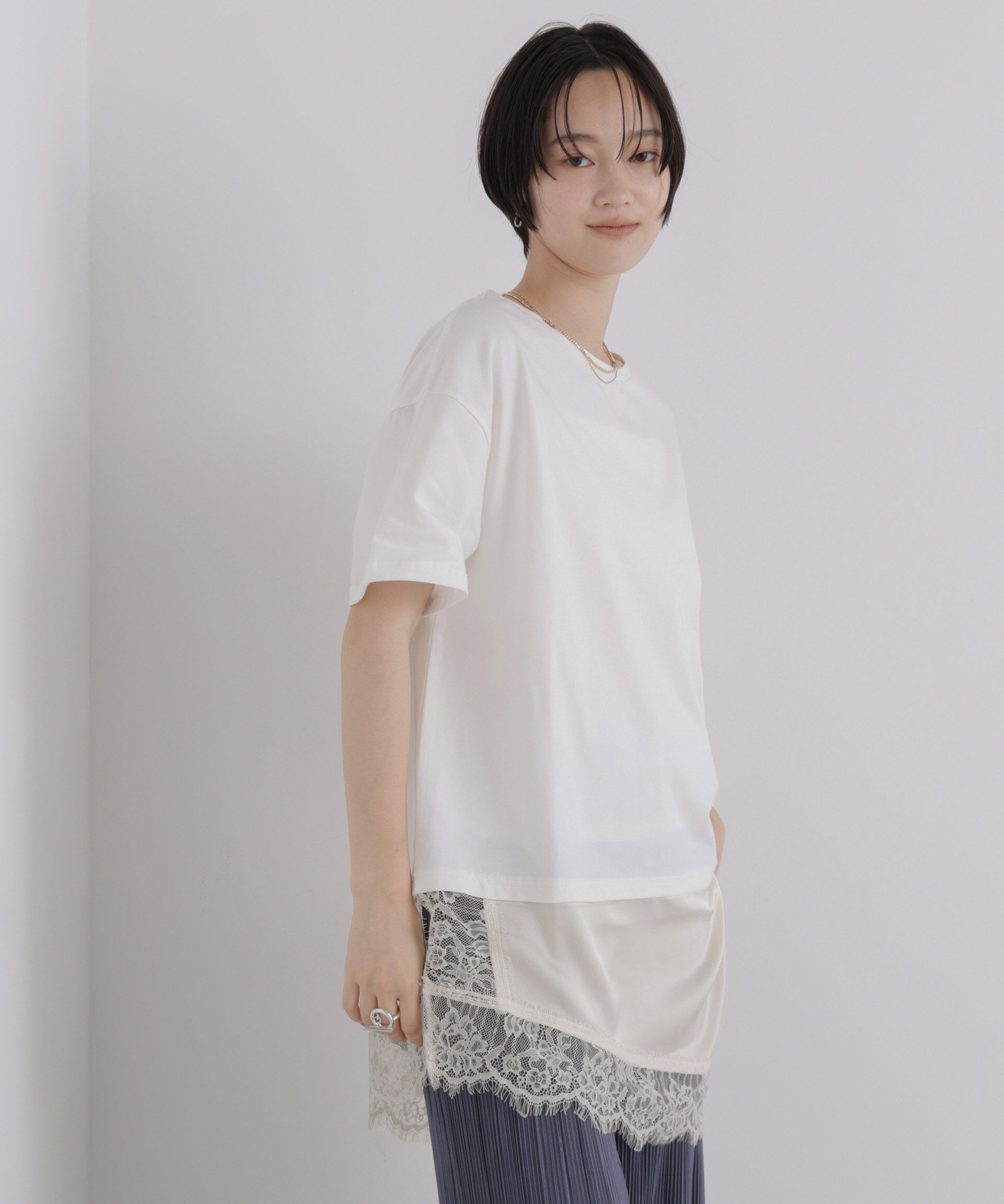 NANO universe「アシメレースヘムドッキングカットトップス」|Tシャツ・カットソー|