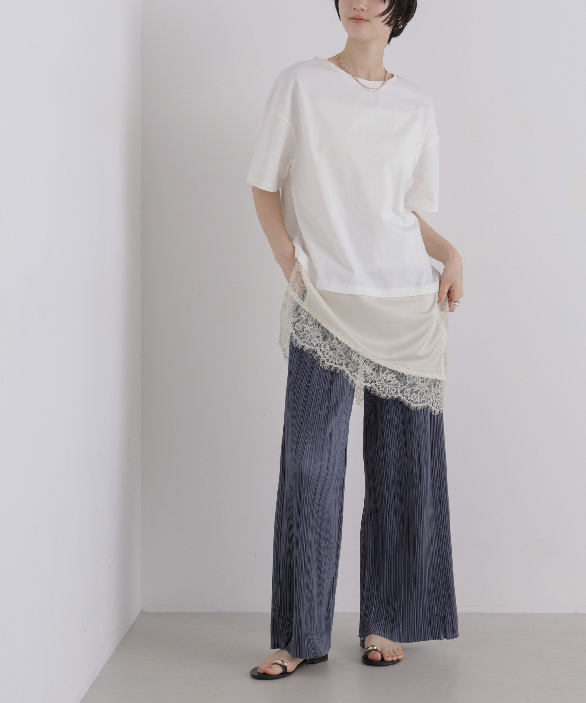 NANO universe「アシメレースヘムドッキングカットトップス」|Tシャツ・カットソー|