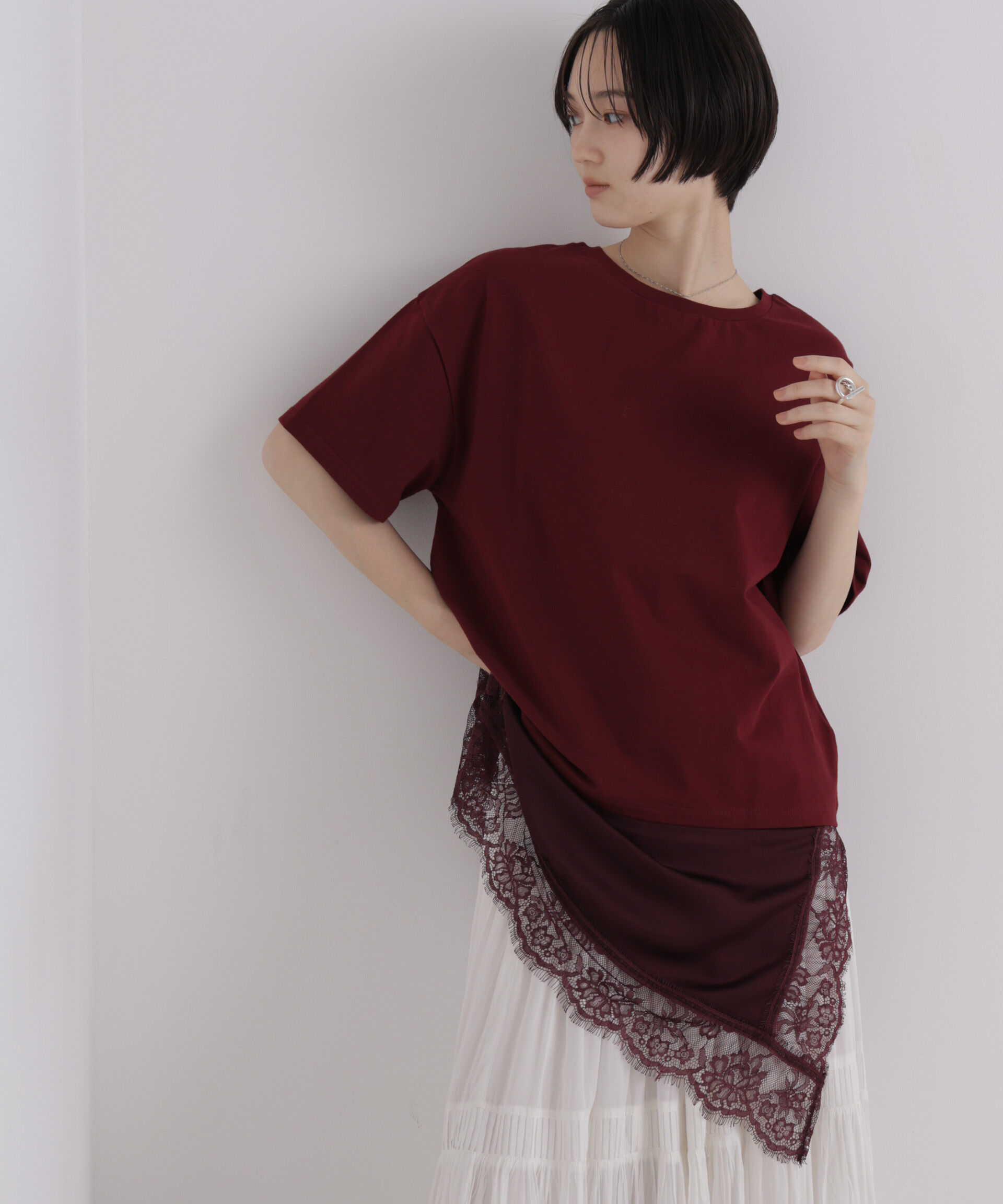 NANO universe「アシメレースヘムドッキングカットトップス」|Tシャツ・カットソー|