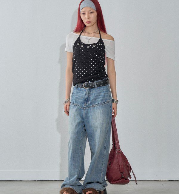  「ハトメホルターレイヤード半袖トップス（ドット/無地）」|Tシャツ・カットソー|