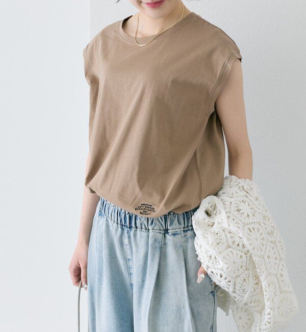  「【汗ジミ防止加工】ワンポイントロゴ刺繍フレンチスリーブTシャツ」|プルオーバー|