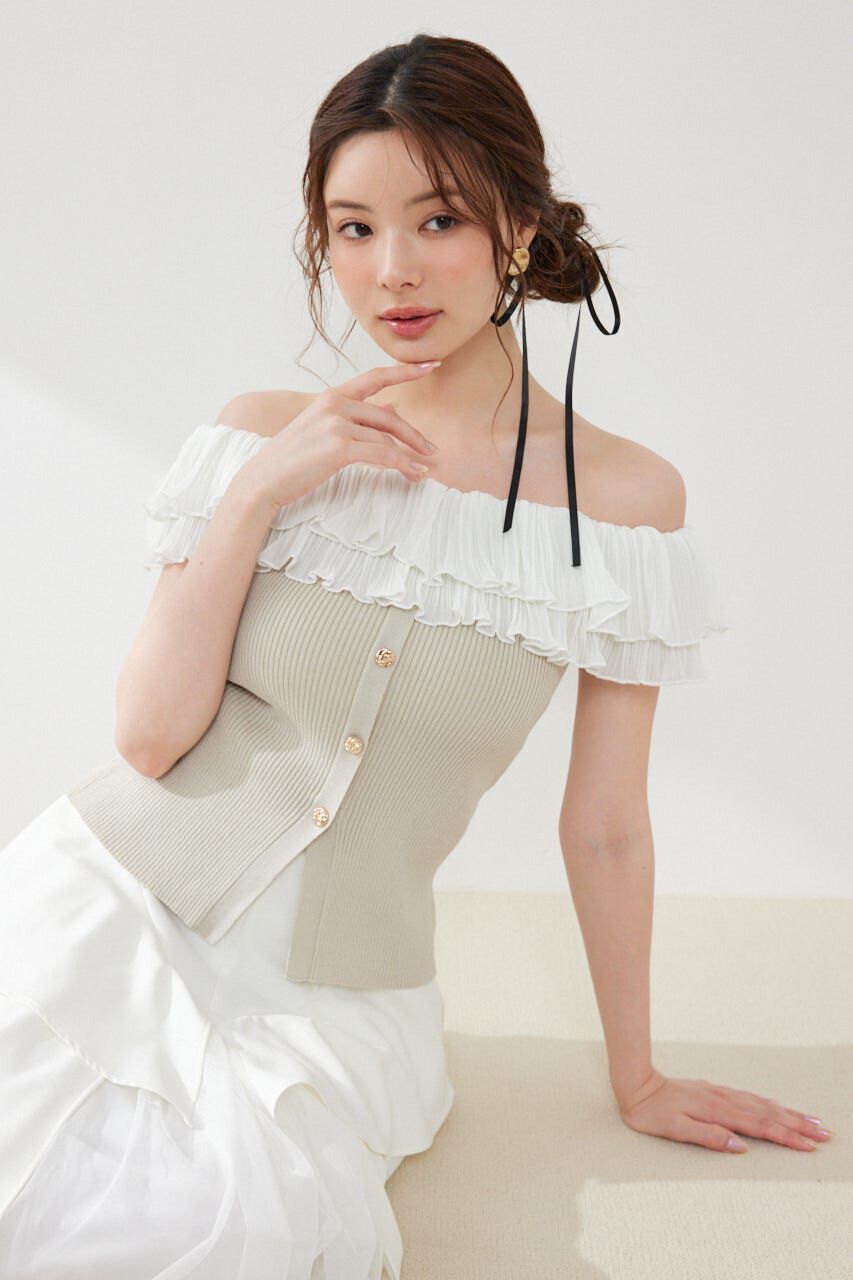 rienda「プリーツレースオフショルノースリニットトップス」|ニット・セーター|BEG