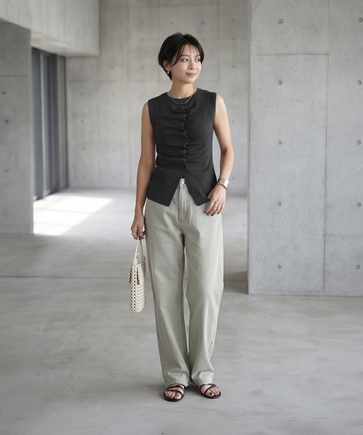 STYLE DELI「さらさら前ギャザーノースリニットトップス」|タンクトップ|