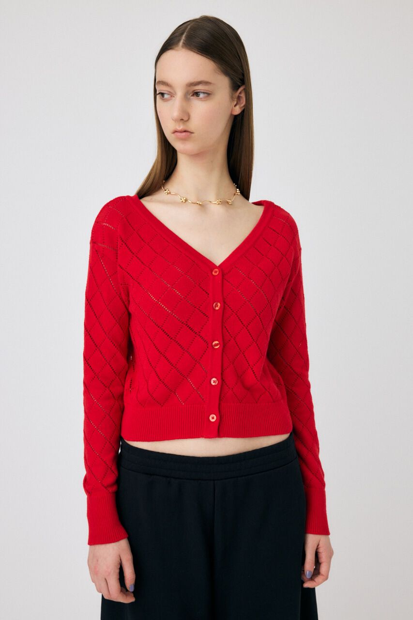 MOUSSY「EYELET ニットカーディガン」|ニット・セーター|RED