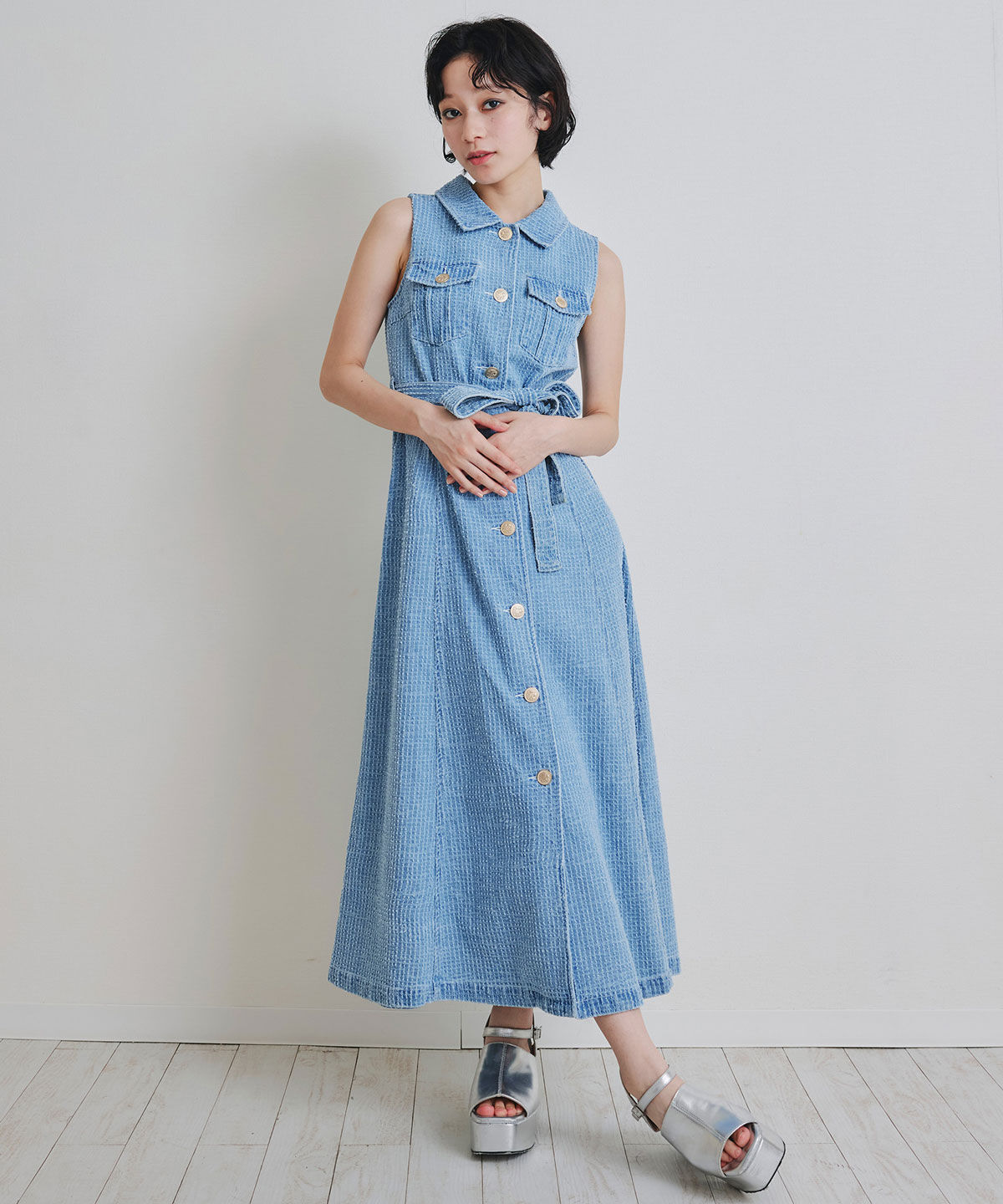 REDYAZEL「レーザーカットデニムロングシャツワンピース」|ワンピース|サックス