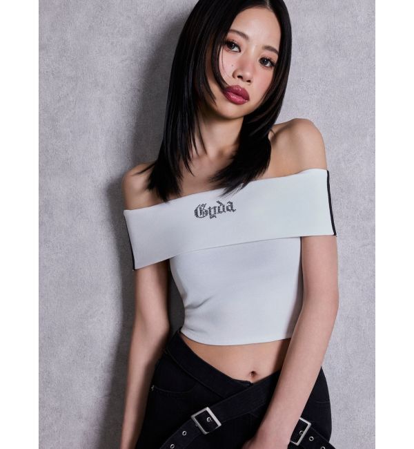 GYDA「Gyda bijouサイドラインオフショルショートTOPS」|Tシャツ・カットソー|オフホワイト