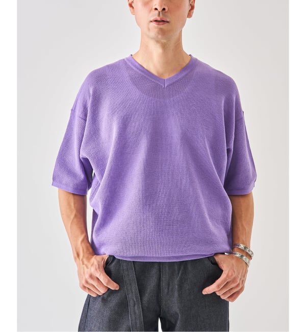 EDIFICE「LINEN LUXE V ネック ニット Tシャツ」|Tシャツ・カットソー|パープル
