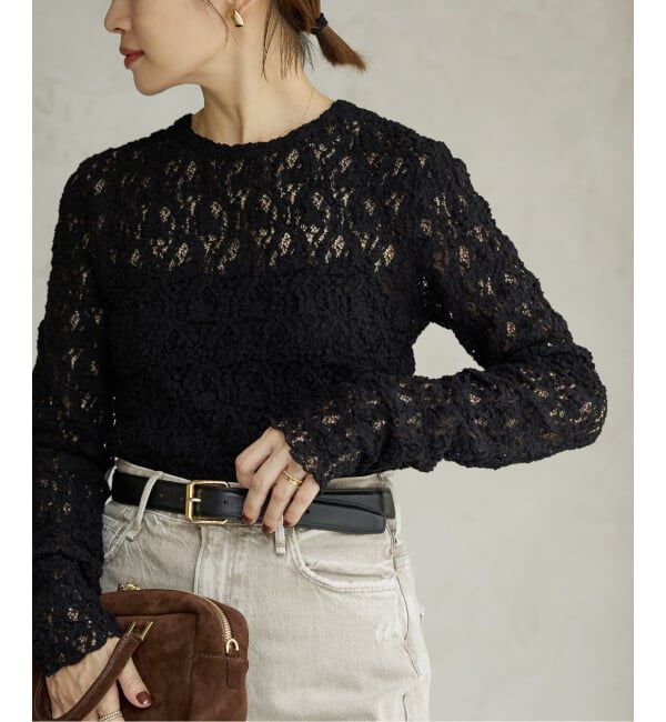 IENA「《一部カラーWEB限定/追加3》Flowerストレッチレースプルオーバー」|Tシャツ・カットソー|ブラック