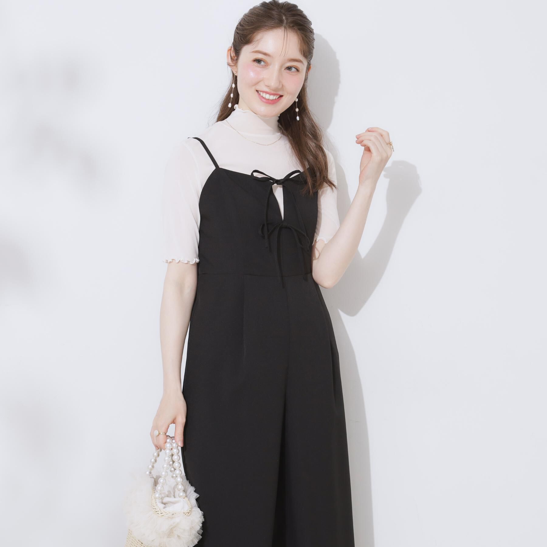 Couture broach「【大人可愛い・肩紐調節可能】リボンキャミサロペット」|オールインワン|ブラック(019)