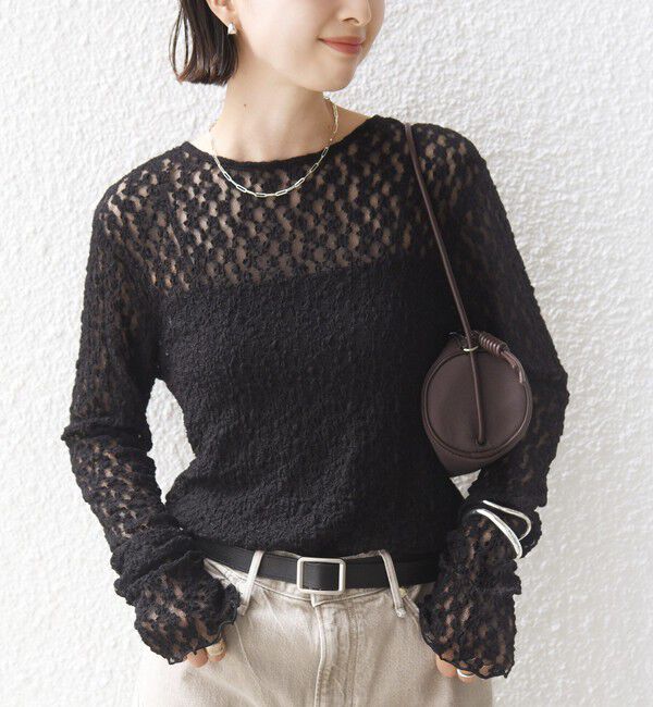 SHIPS for women「《予約》〈手洗い可能〉シュリンク レース ヘンリーネック 2WAY プルオーバー」|Tシャツ・カットソー|ブラック