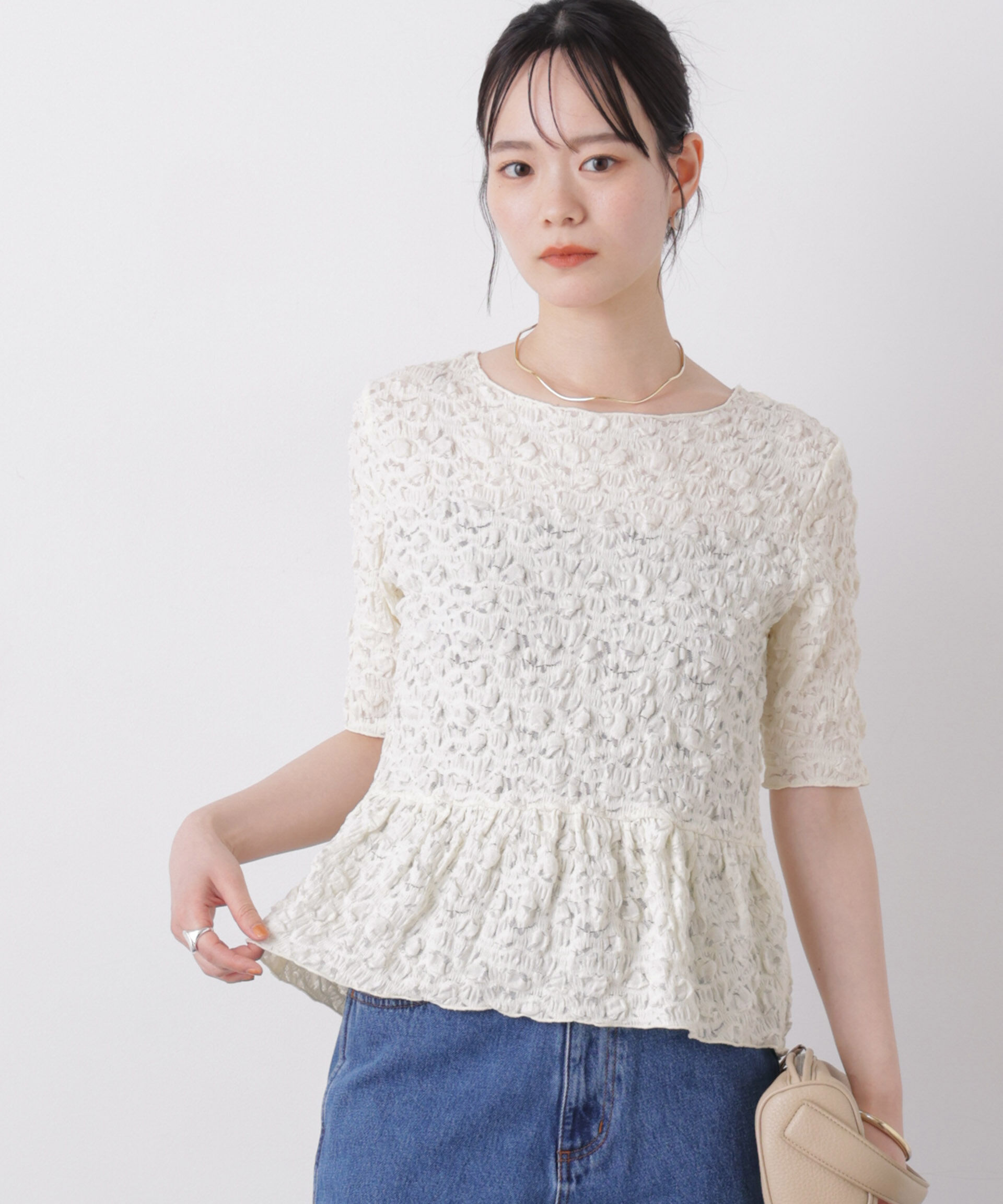 NANO universe「レースジャガードカットペプラムトップス」|Tシャツ・カットソー|