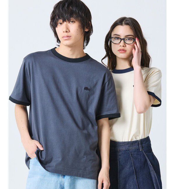 LACOSTE「【オンライン限定】LACOSTE ワンポイントロゴ リンガーTシャツ」|Tシャツ・カットソー|チャコール&times;ブラック