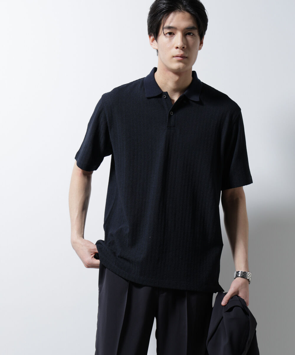 nano･universe「｢Damerino｣ヘリンボンポロシャツ/防シワ・吸水速乾・UVカット」|Tシャツ・カットソー|ネイビー