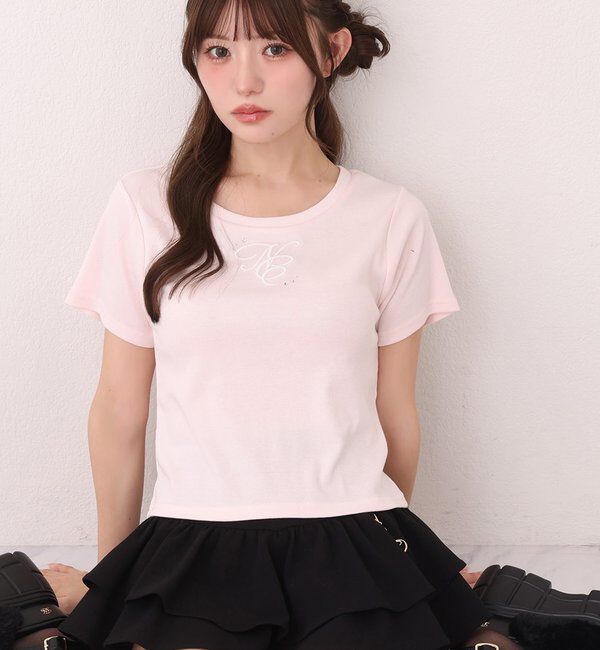  「ストーン付ワンポイント刺繍ロゴTee」|プルオーバー|ピンク