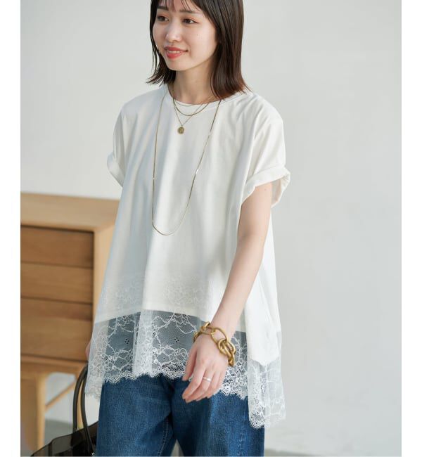 SLOBE IENA「《シリーズあり》レースコンビハーフスリーブカットソー」|Tシャツ・カットソー|ホワイト