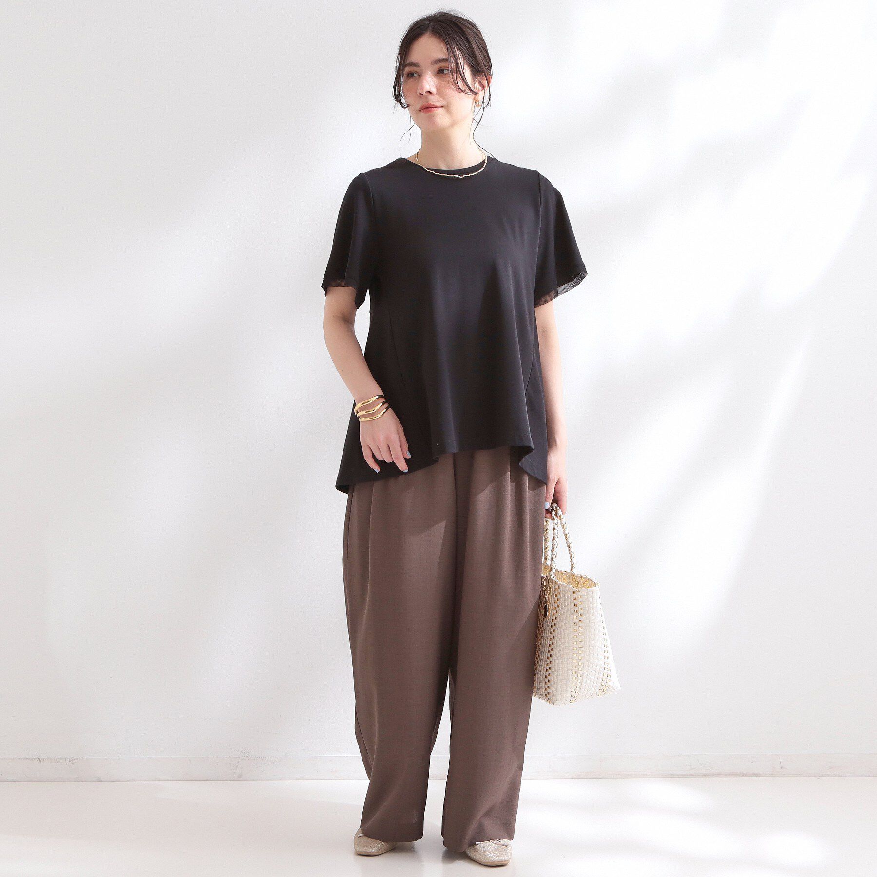 OPAQUE.CLIP「【UVケア／接触冷感】スーパーアイス 袖チュールペプラムカットソー《洗濯機OK》」|Tシャツ・カットソー|