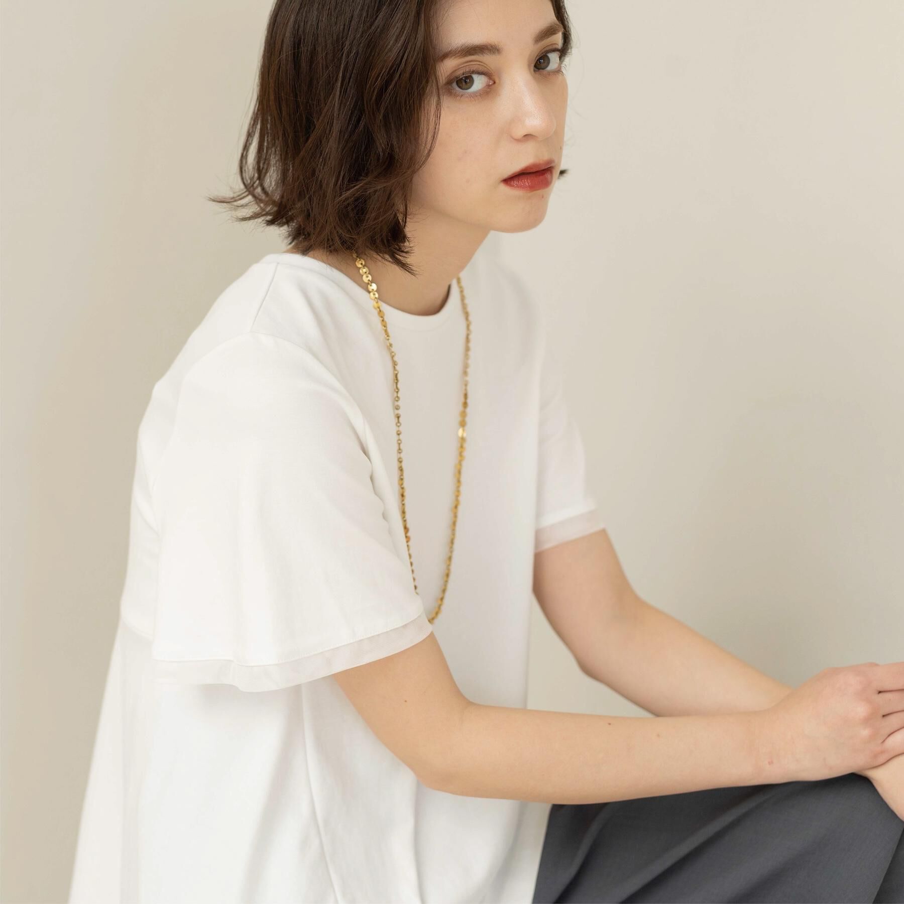 OPAQUE.CLIP「【UVケア／接触冷感】スーパーアイス 袖チュールペプラムカットソー《洗濯機OK》」|Tシャツ・カットソー|