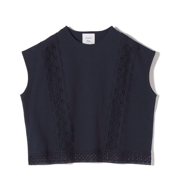 SHIPS for women「【SHIPS別注】assiette: 〈手洗い可能〉レース コンビ フレンチ スリーブ」|Tシャツ・カットソー|ネイビー