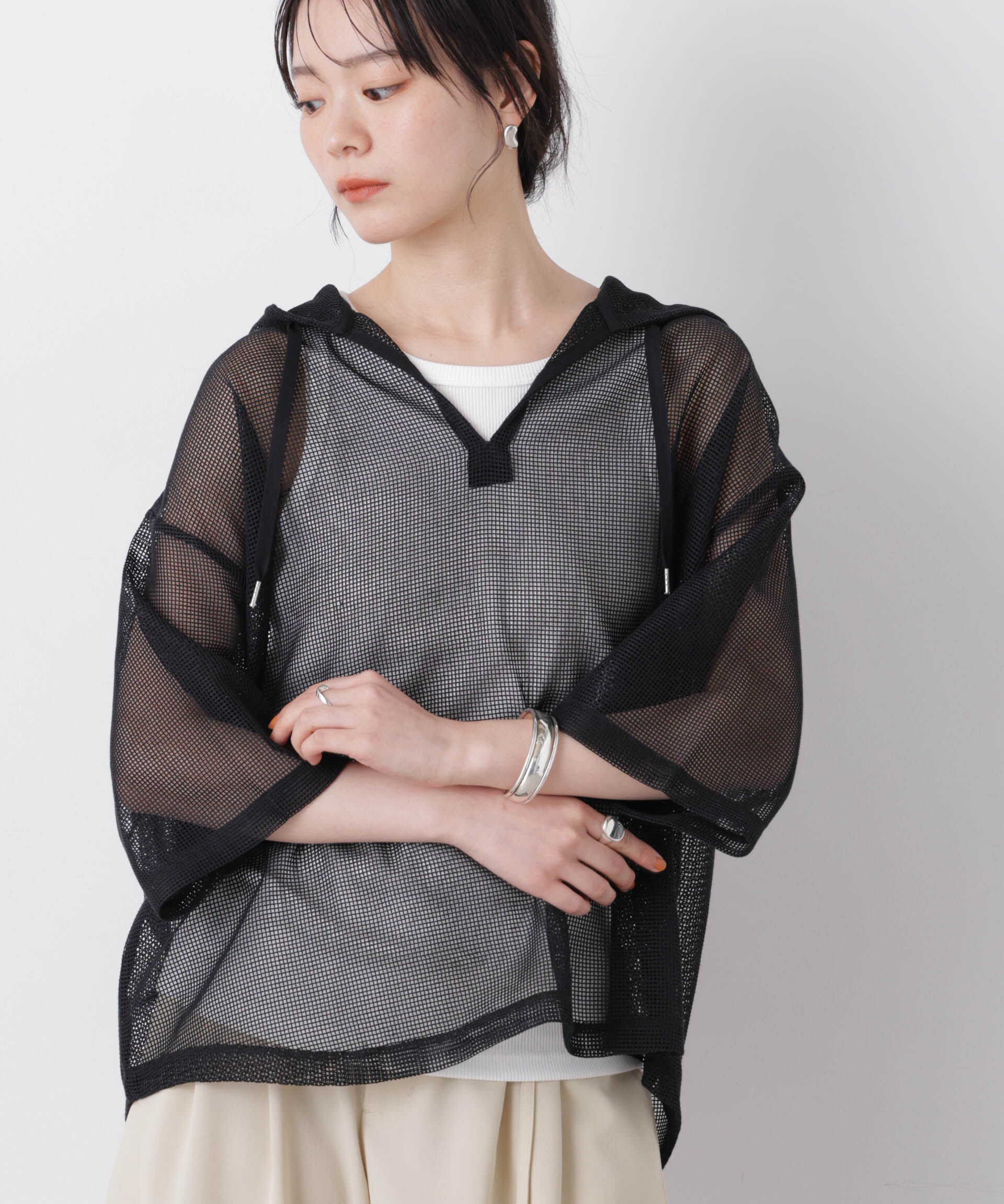nano･universe「キーネックメッシュフーディートップス」|Tシャツ・カットソー|
