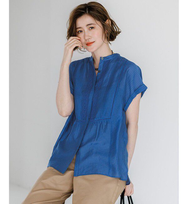 23区「【WEB&一部店舗限定】レースピンタック フレンチスリーブ ブラウス」|シャツ・ブラウス|ダルブルー系