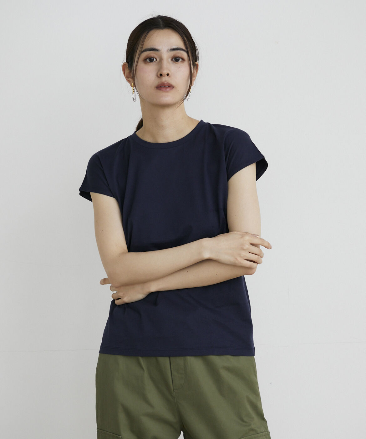 INED「フレンチスリーブTシャツ《スビン綿MIX天竺/A-GIRL&rsquo;S 》」|Tシャツ・カットソー|ネイビー