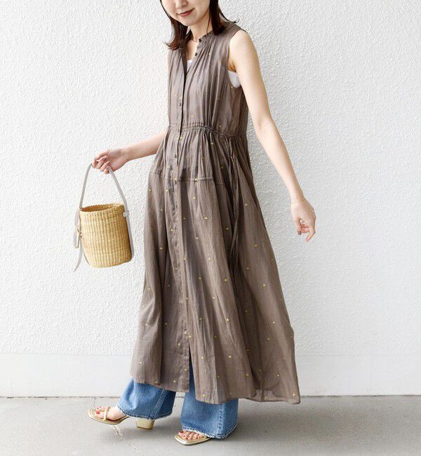 SHIPS for women「〈手洗い可能〉コットン オーガンジー 刺繍 ウエスト ドロスト ワンピース」|ワンピース|カーキ