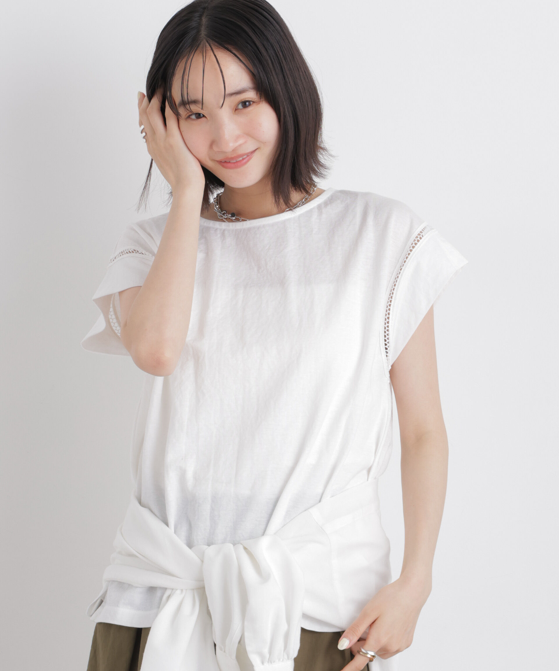 nano･universe「ハシゴレースフレンチスリーブカットトップス」|Tシャツ・カットソー|