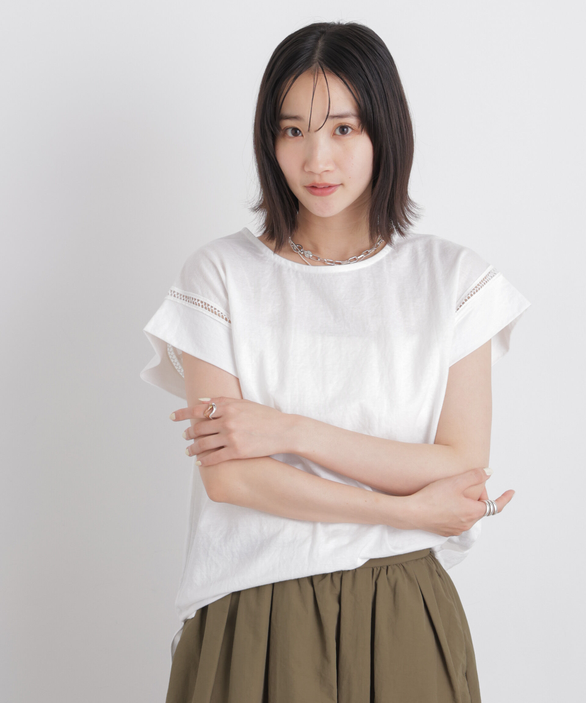 nano･universe「ハシゴレースフレンチスリーブカットトップス」|Tシャツ・カットソー|