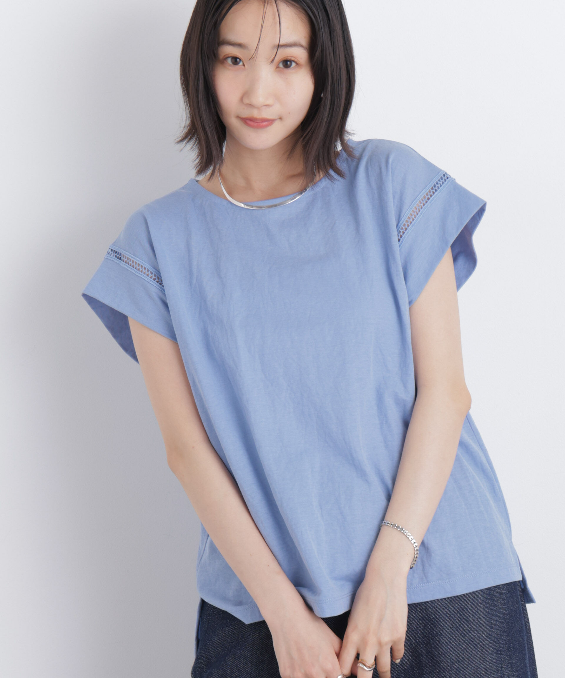 nano･universe「ハシゴレースフレンチスリーブカットトップス」|Tシャツ・カットソー|ブルー