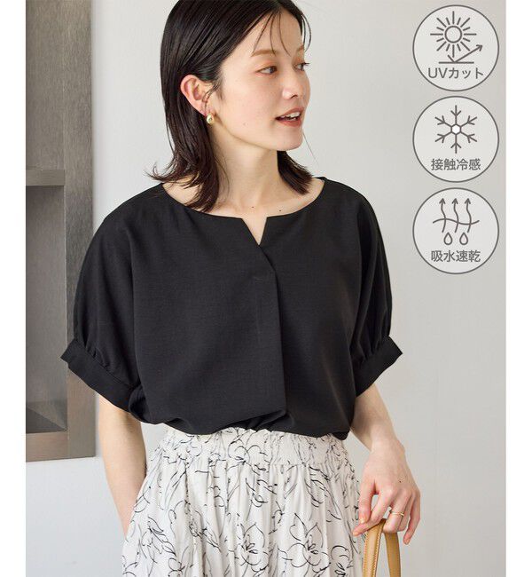 Rope&rsquo;Picnic「エアリーリネンライク キーネックブラウス/接触冷感・UVカット・速乾」|シャツ・ブラウス|ブラック(01)