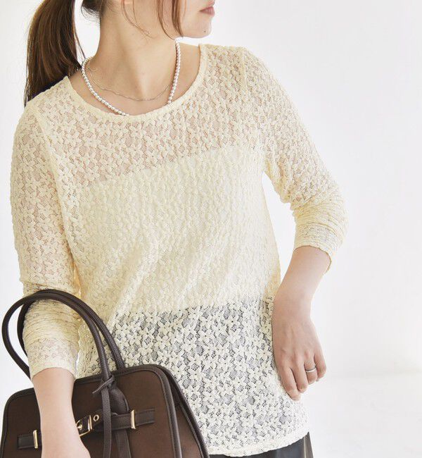 quaranciel「quaranciel:〈手洗い可能〉フラワー レース ストレッチ クルーネック プルオーバー」|Tシャツ・カットソー|