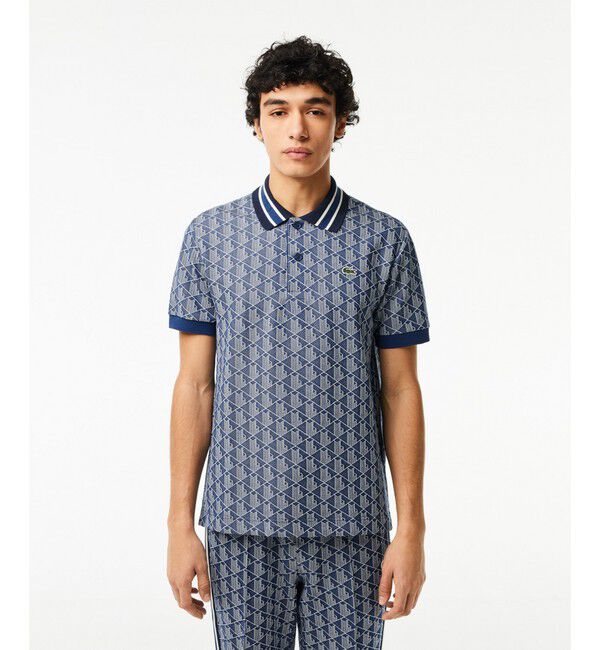 LACOSTE「モノグラムジャカード半袖ポロシャツ」|ポロシャツ|ネイビー