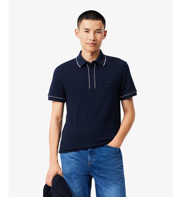 LACOSTE「オーガニックコットン ストレッチ鹿の子 配色パイピング比翼ポロシャツ」|ポロシャツ|ネイビー