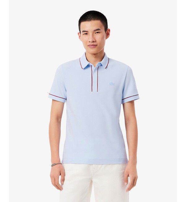 LACOSTE「オーガニックコットン ストレッチ鹿の子 配色パイピング比翼ポロシャツ」|ポロシャツ|ライトブルー