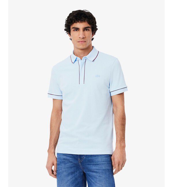 LACOSTE「オーガニックコットン ストレッチ鹿の子 配色パイピング比翼ポロシャツ」|ポロシャツ|サックスブルー