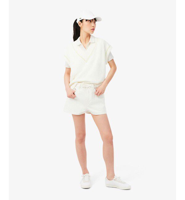 LACOSTE「レース調 リボン付き ポインテルニット 半袖ポロシャツ」|ポロシャツ|